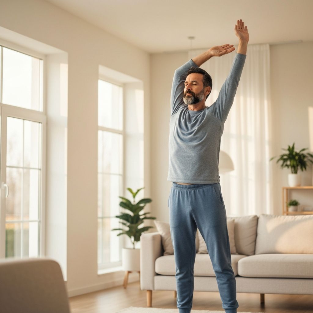 Person performing gentle stretching exercise at home